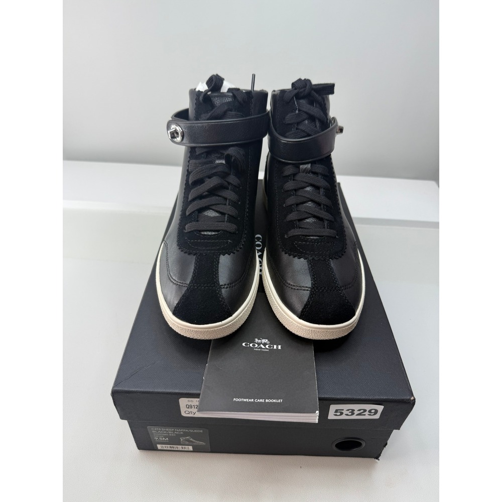 Coach Pembroke Black Napa Leather Turnlock High Top Sneakers Q9125 W 9.5M New - Picture 3 of 8